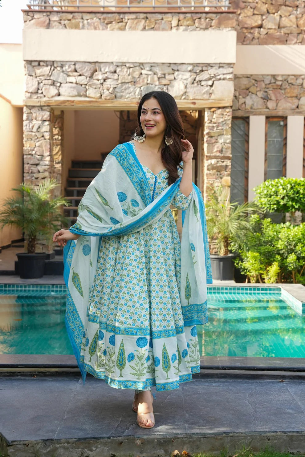 Sky Blue Jaipuri Anarkali Suit Set