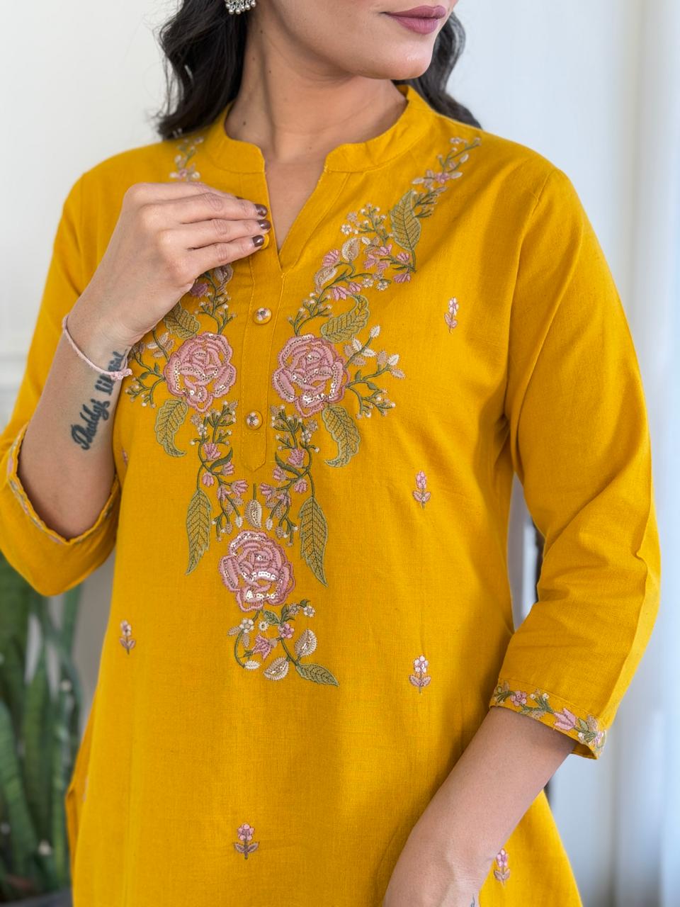 Nia Embroidered cotton A-Line Kurta Set - Yellow