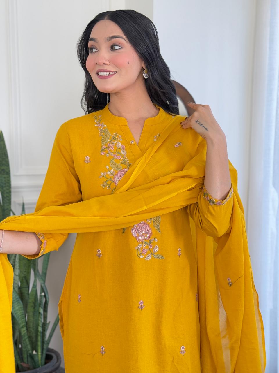 Nia Embroidered cotton A-Line Kurta Set - Yellow