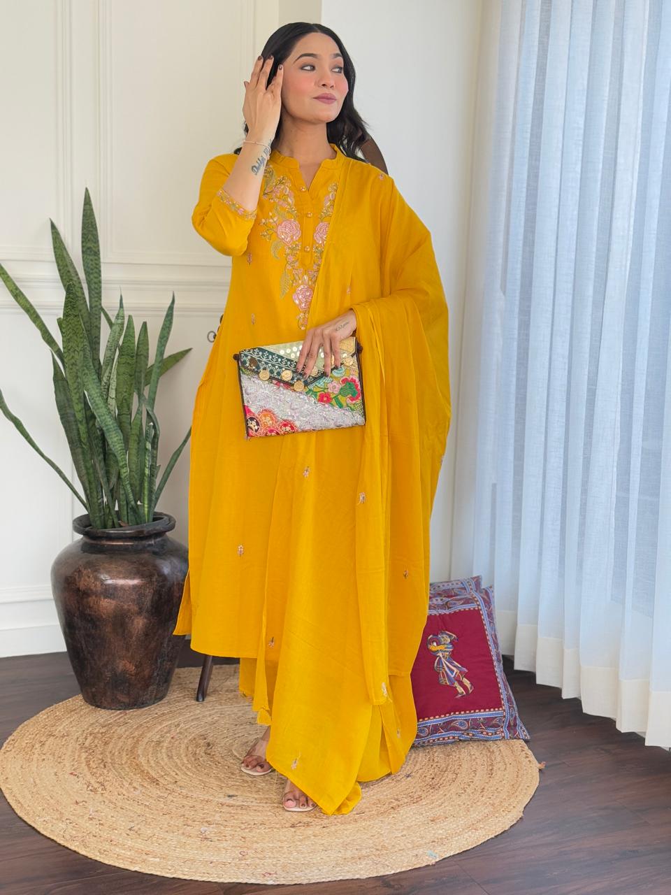 Nia Embroidered cotton A-Line Kurta Set - Yellow