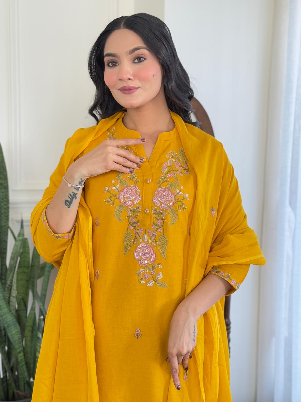 Nia Embroidered cotton A-Line Kurta Set - Yellow