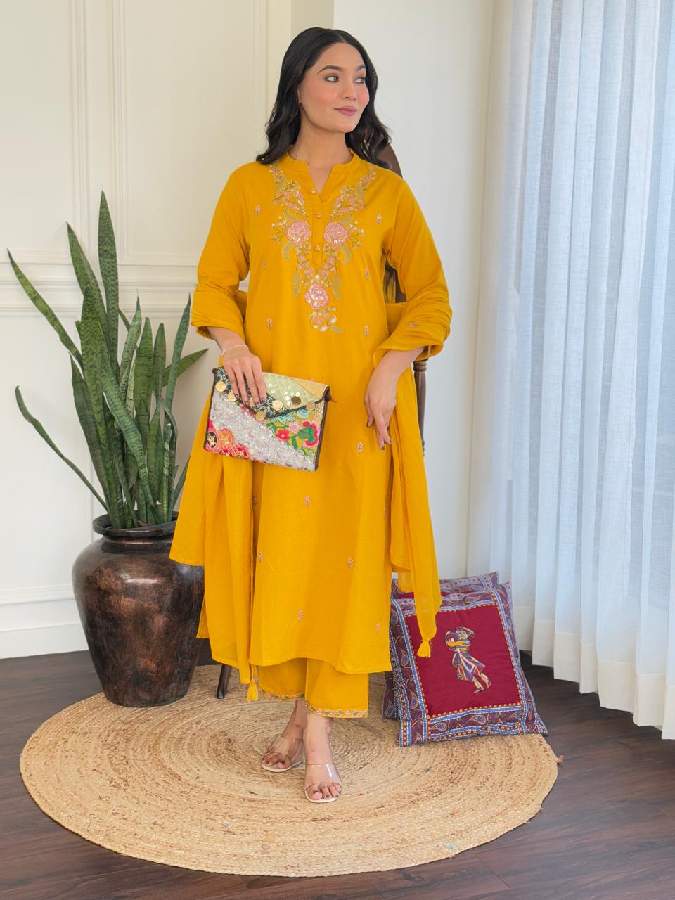 Nia Embroidered cotton A-Line Kurta Set - Yellow
