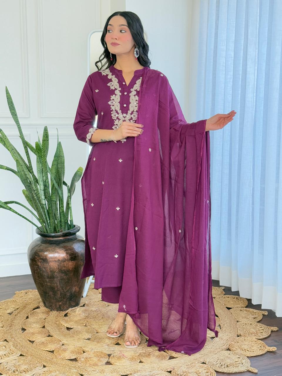 Nia Embroidered cotton A-Line Kurta Set - Wine