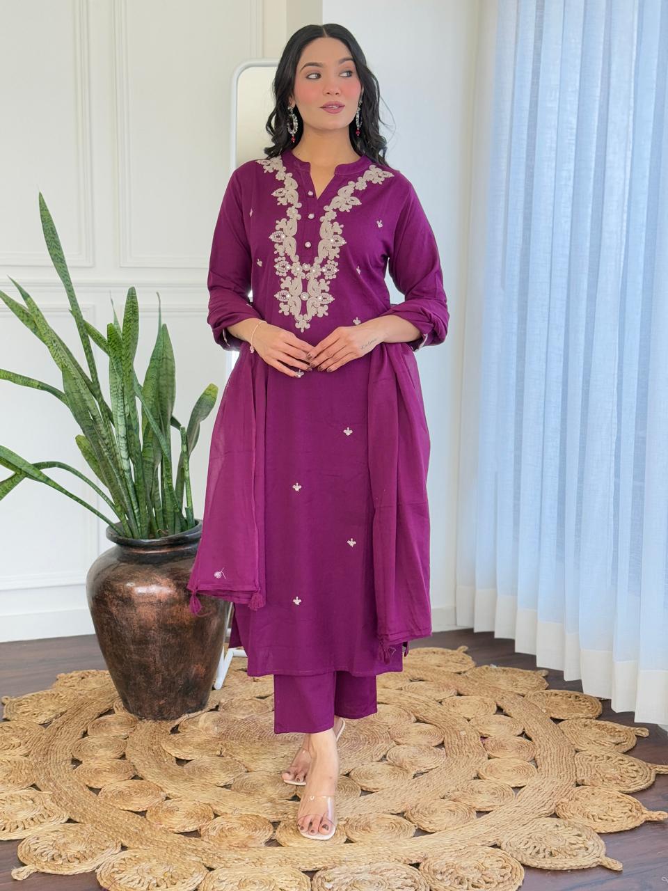 Nia Embroidered cotton A-Line Kurta Set - Wine