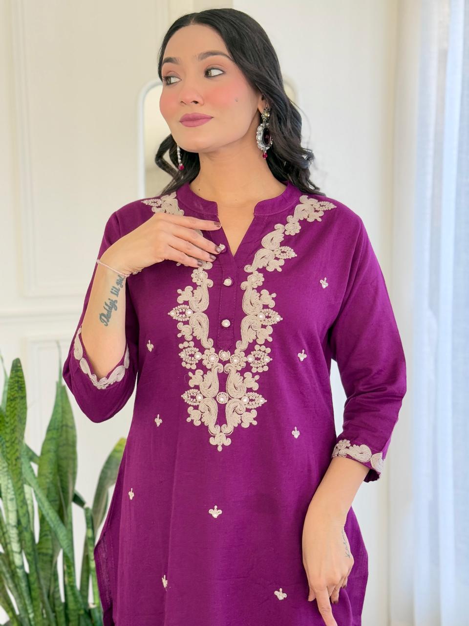 Nia Embroidered cotton A-Line Kurta Set - Wine