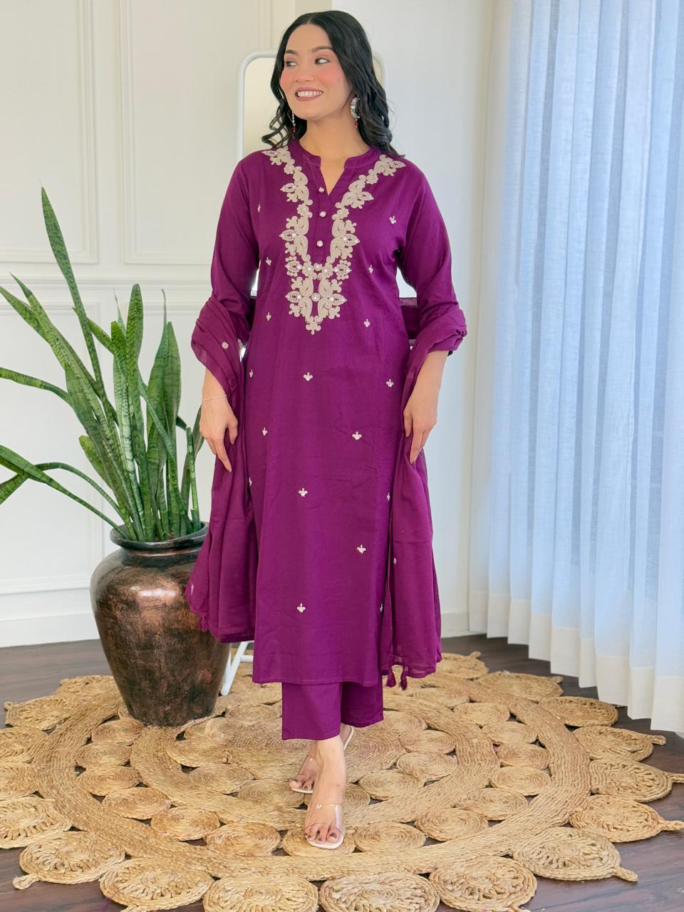 Nia Embroidered cotton A-Line Kurta Set - Wine