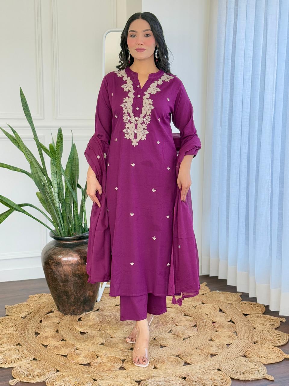 Nia Embroidered cotton A-Line Kurta Set - Wine
