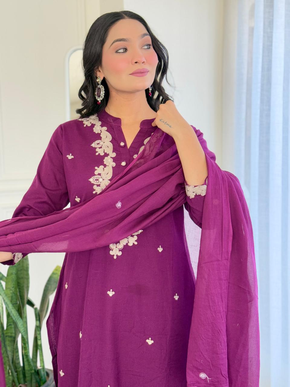 Nia Embroidered cotton A-Line Kurta Set - Wine