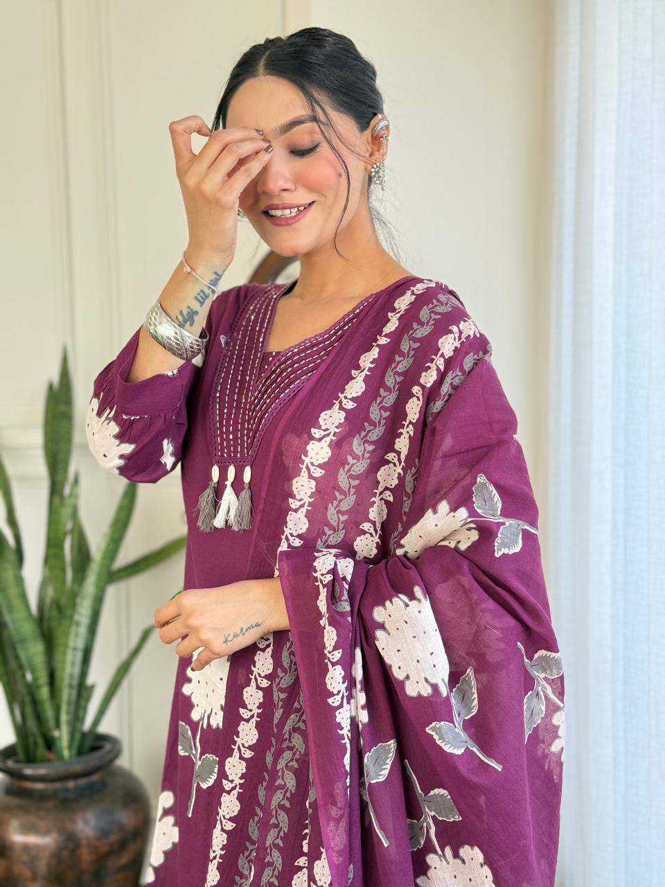 Rose Floral Printed Cotton Suit Set- Purple
