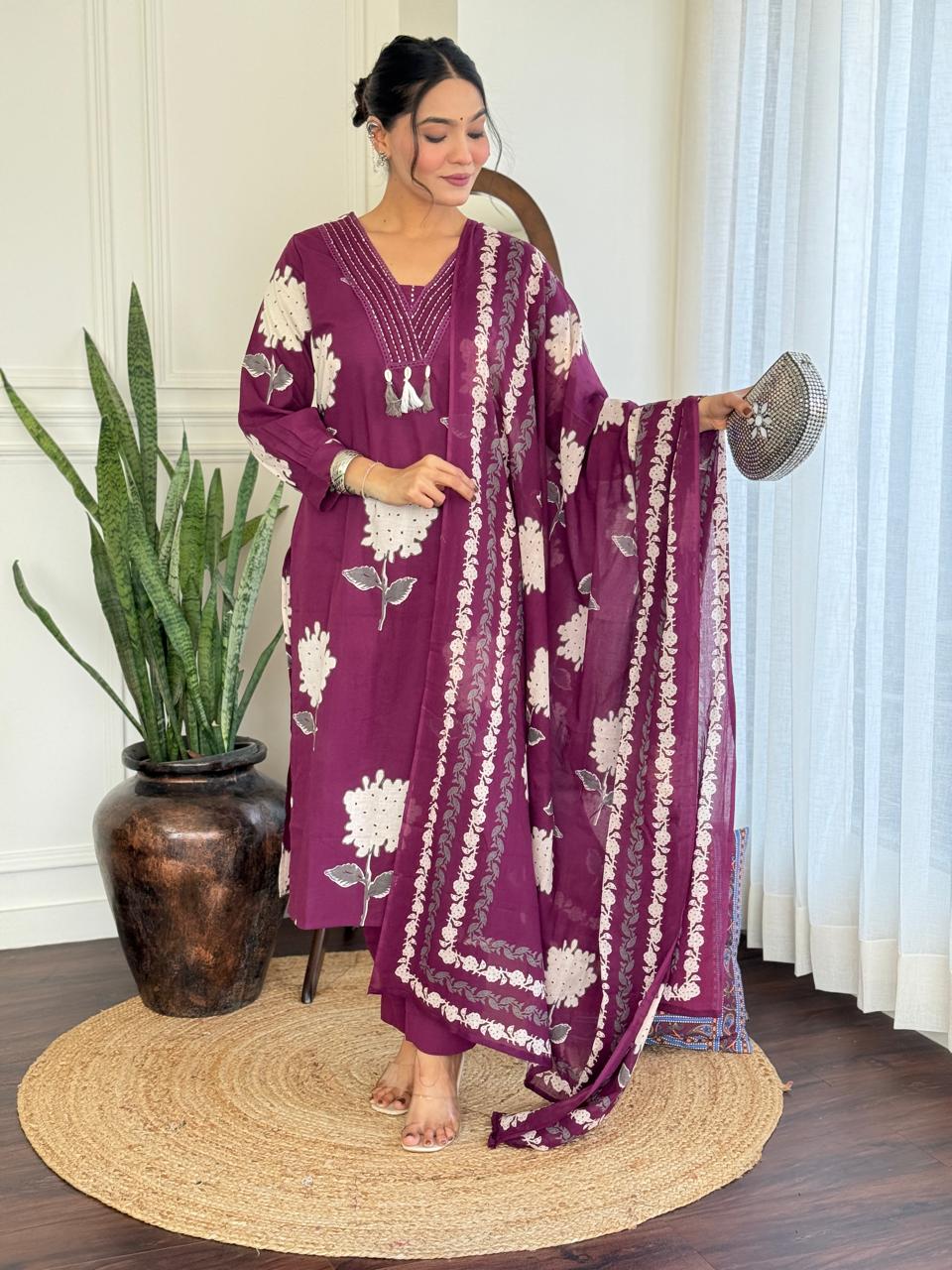 Rose Floral Printed Cotton Suit Set- Purple