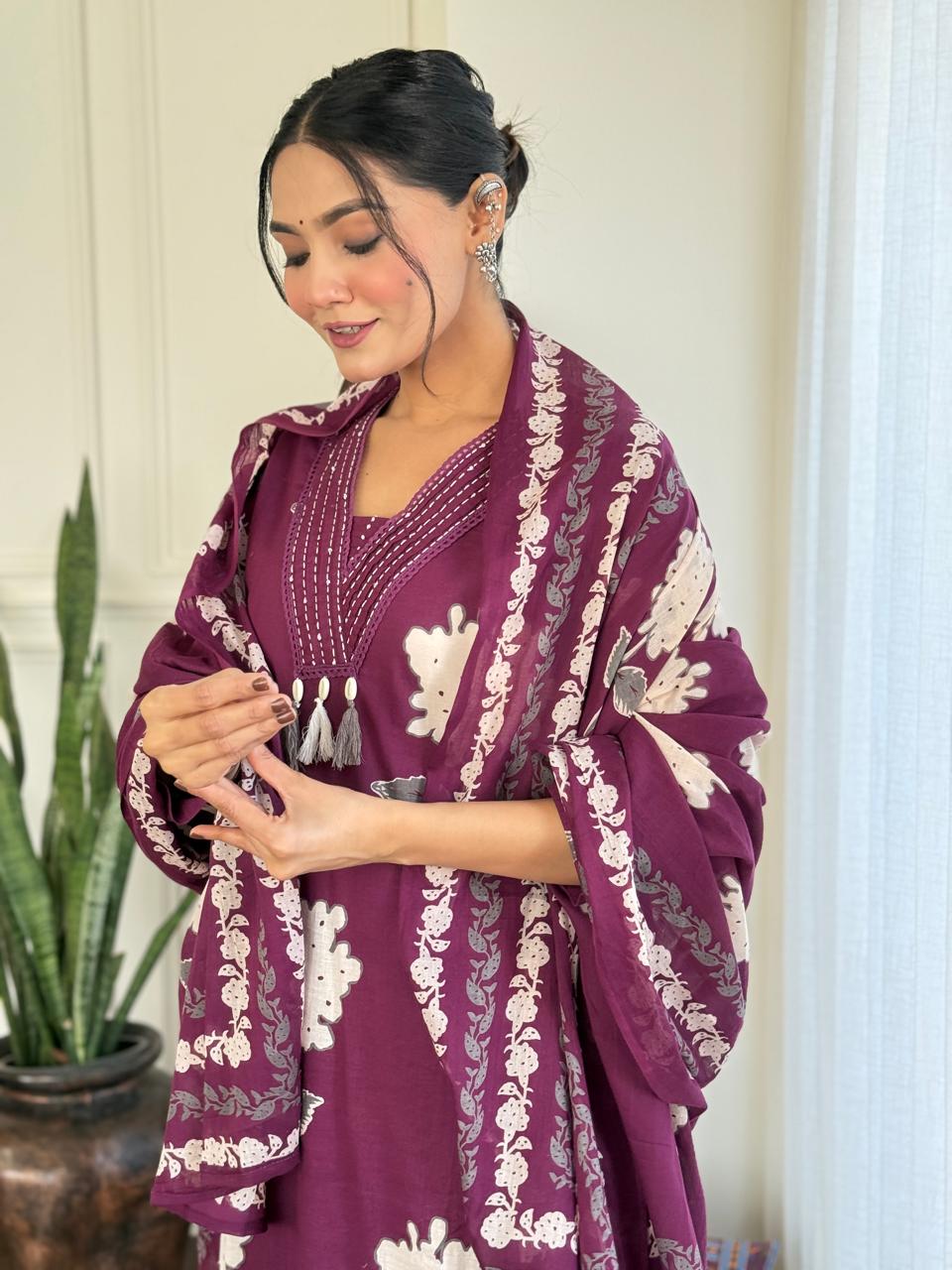 Rose Floral Printed Cotton Suit Set- Purple