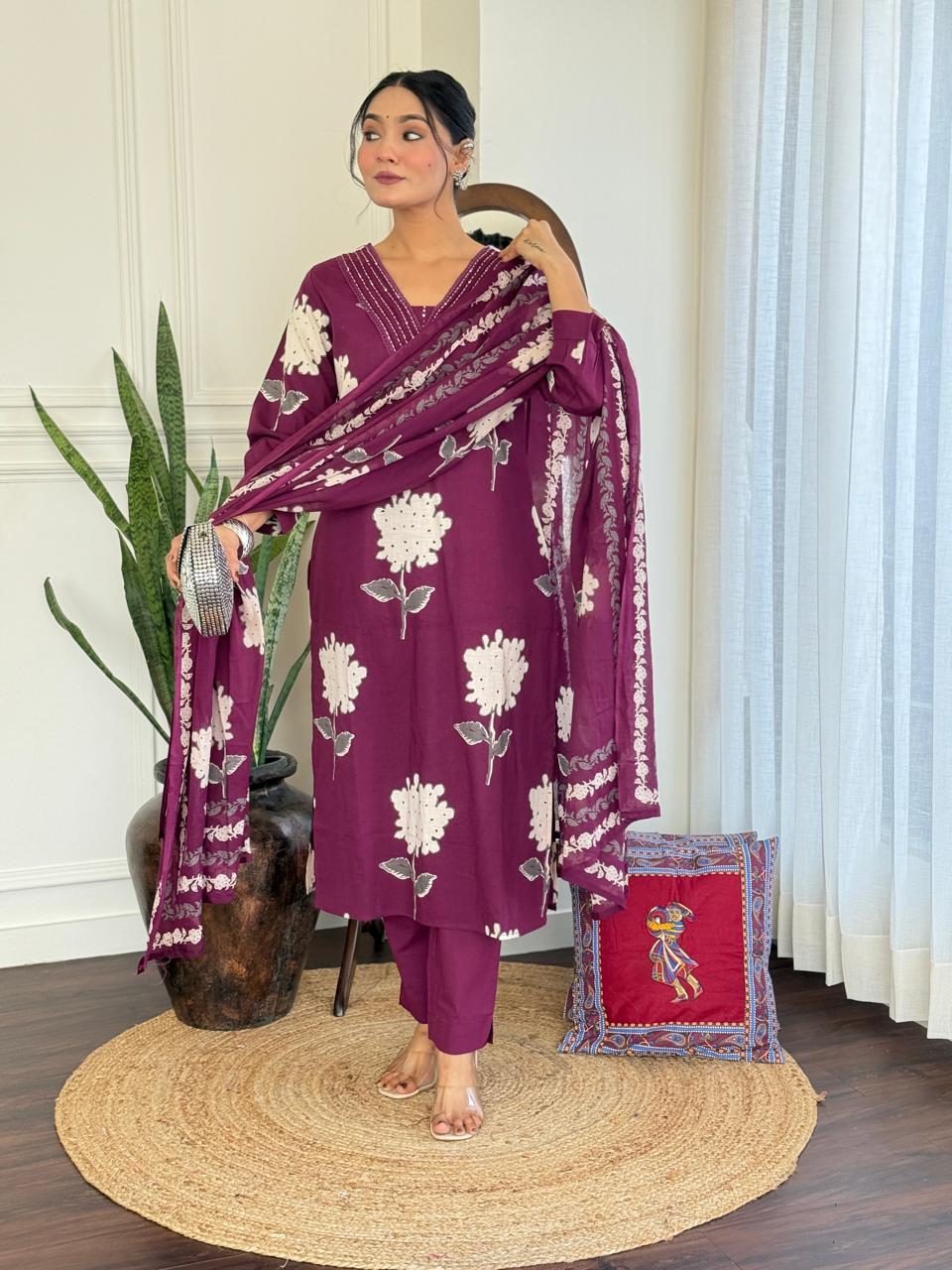 Rose Floral Printed Cotton Suit Set- Purple