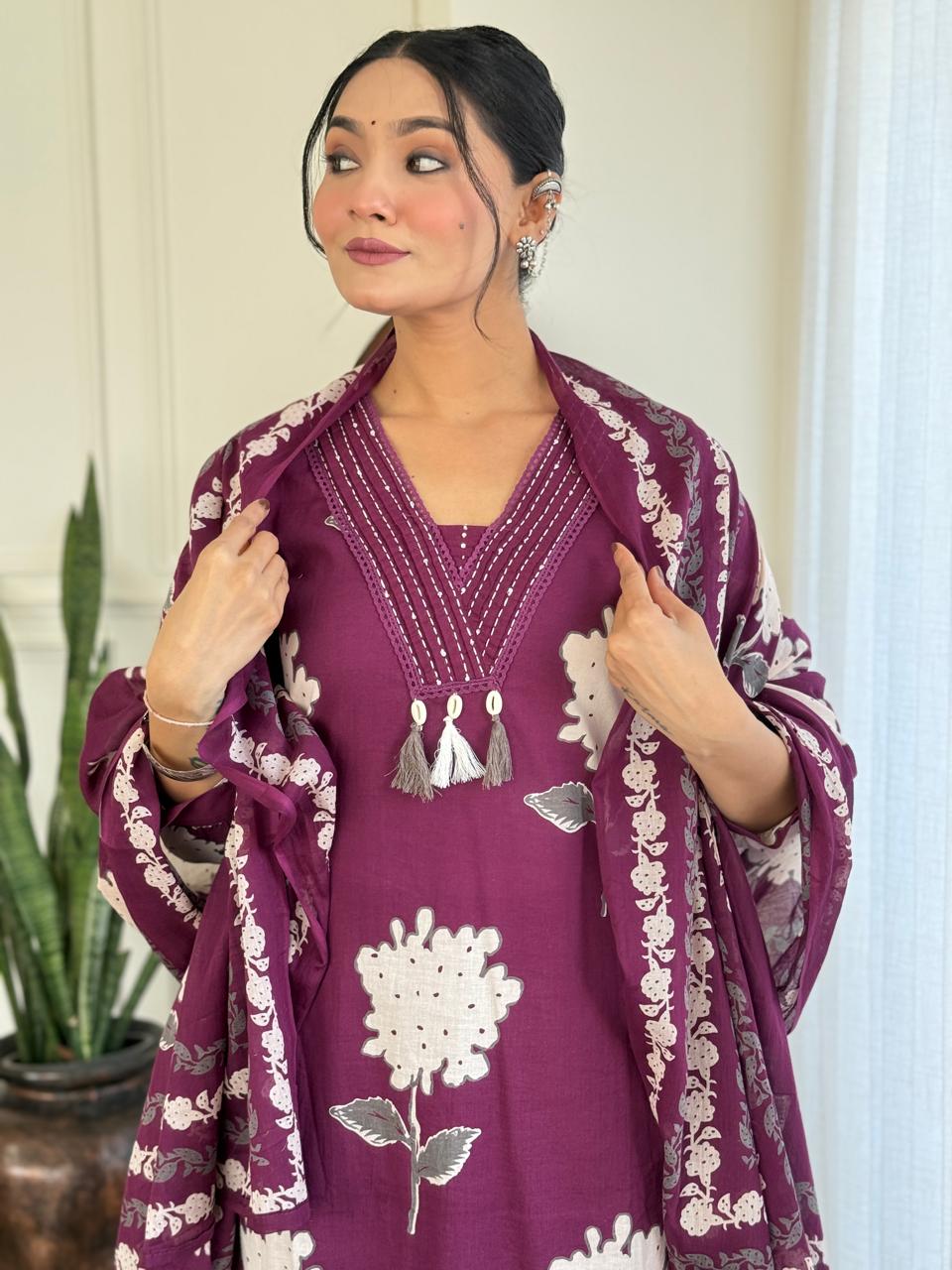 Rose Floral Printed Cotton Suit Set- Purple