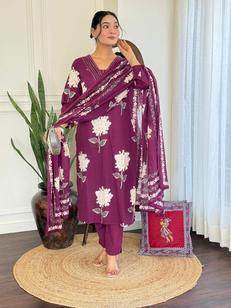 Rose Floral Printed Cotton Suit Set- Purple