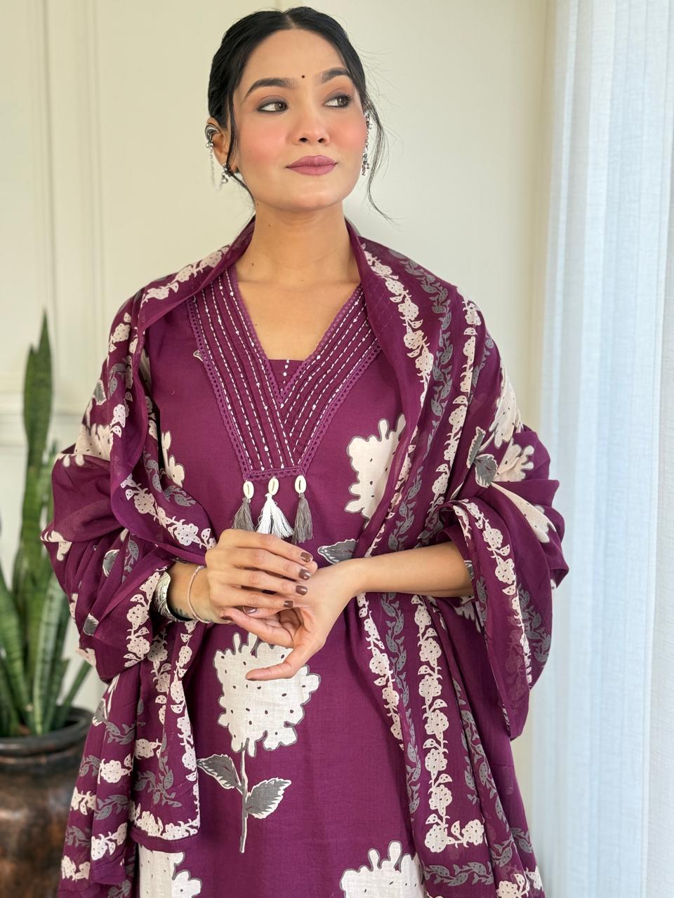 Rose Floral Printed Cotton Suit Set- Purple