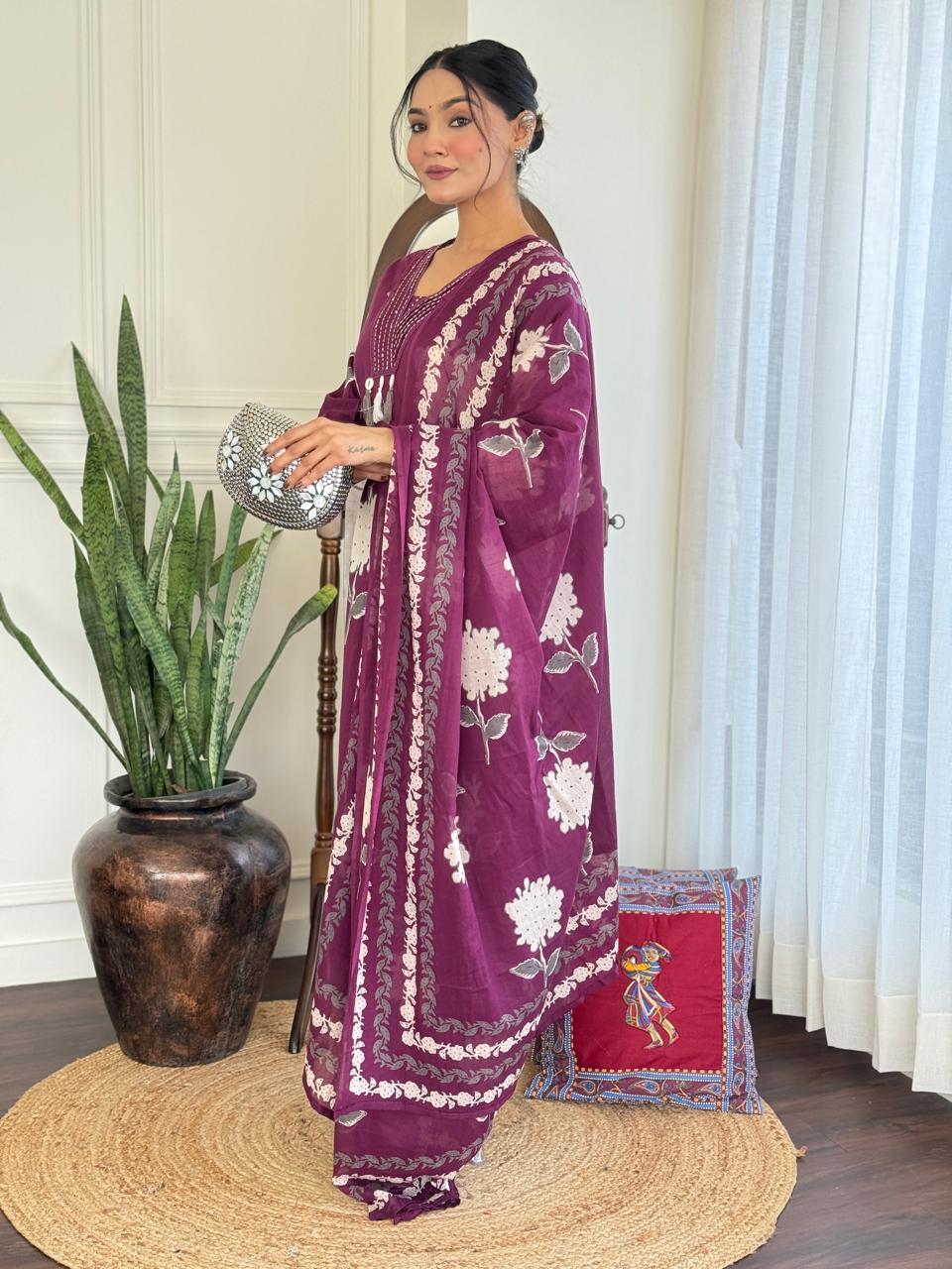 Rose Floral Printed Cotton Suit Set- Purple