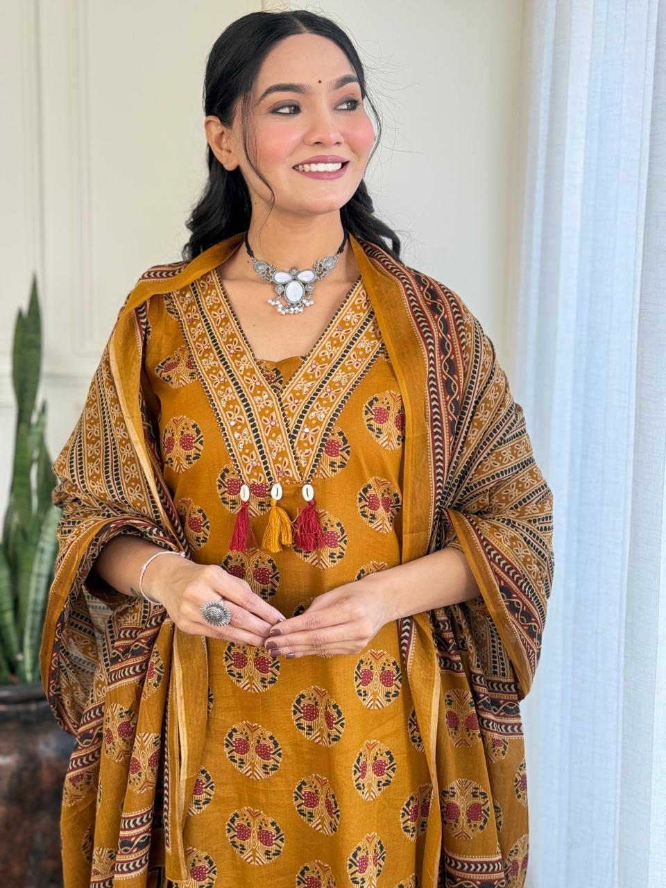 Hasrat Ajrakh Anarkali Suit- Mustard
