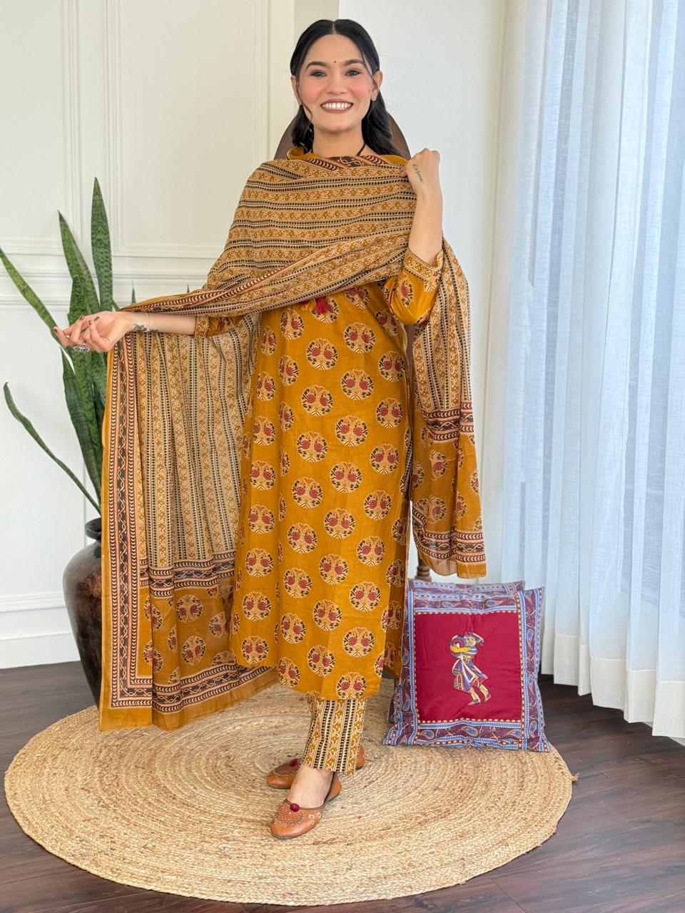 Hasrat Ajrakh Anarkali Suit- Mustard