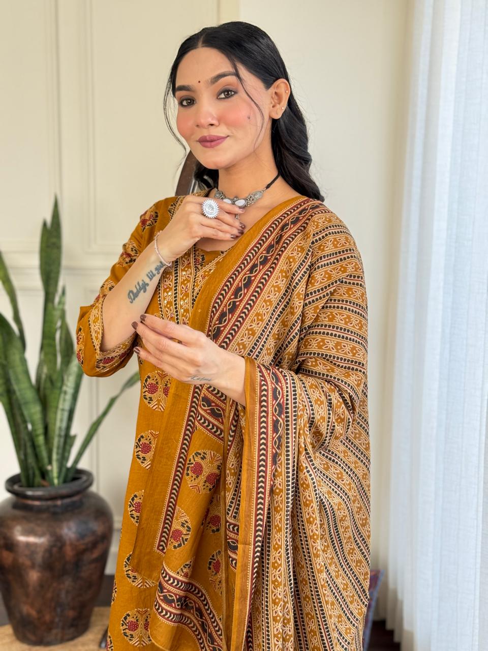 Hasrat Ajrakh Anarkali Suit- Mustard