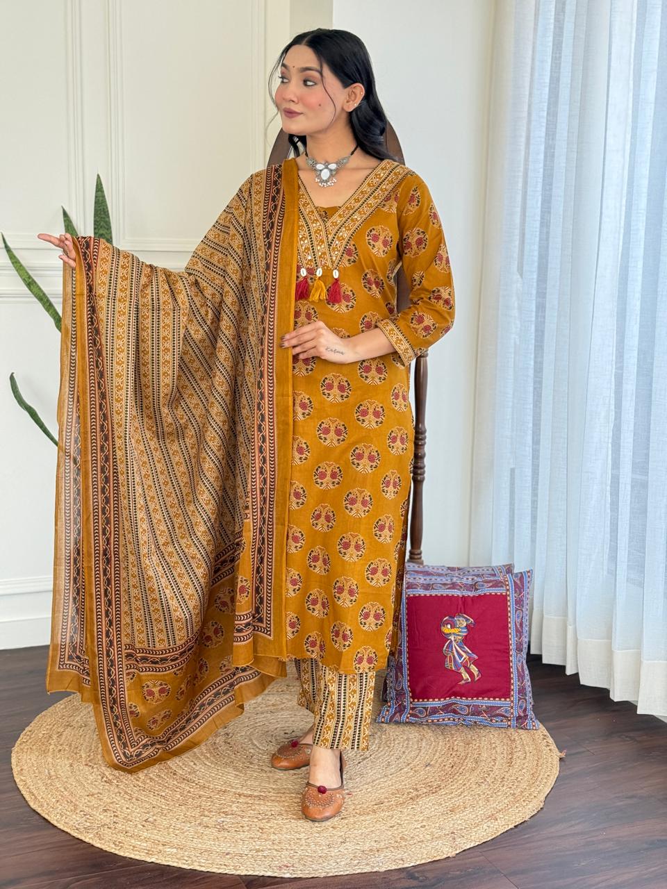 Hasrat Ajrakh Anarkali Suit- Mustard