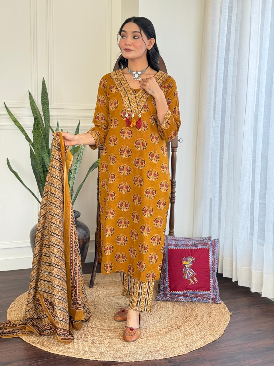 Hasrat Ajrakh Anarkali Suit- Mustard