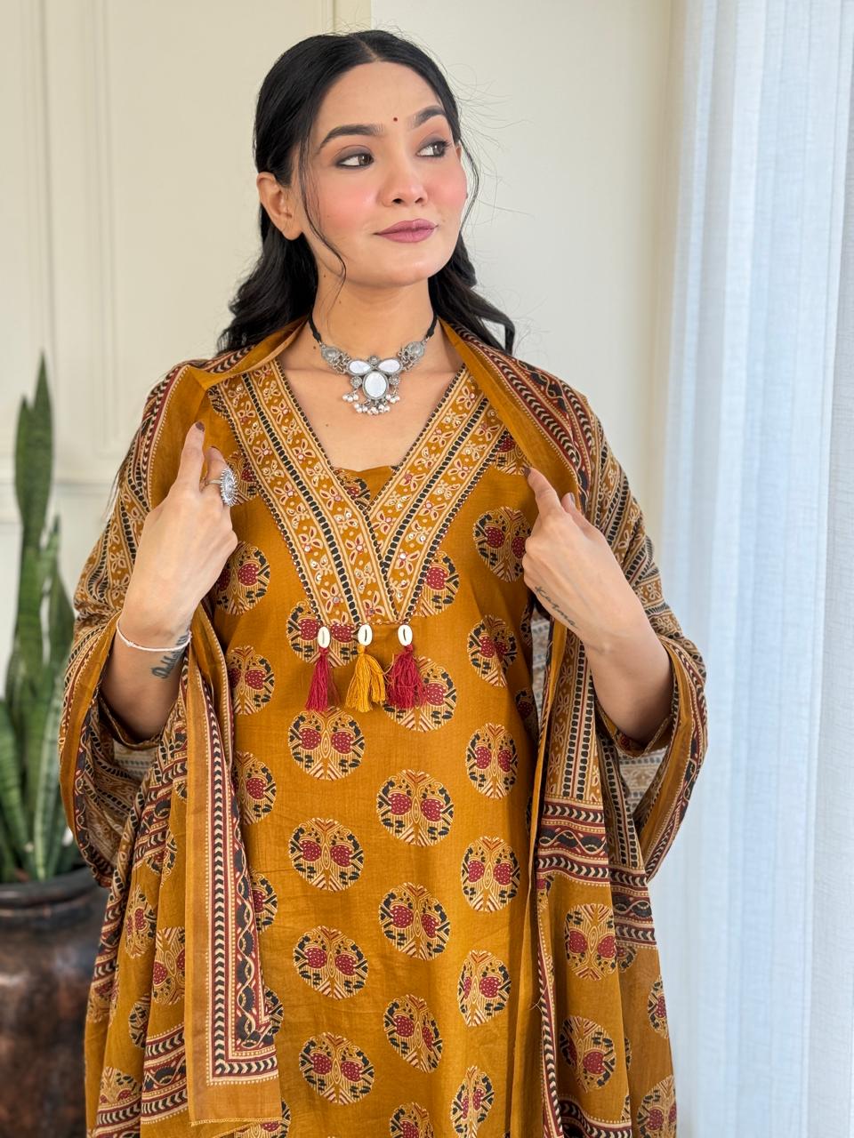 Hasrat Ajrakh Anarkali Suit- Mustard
