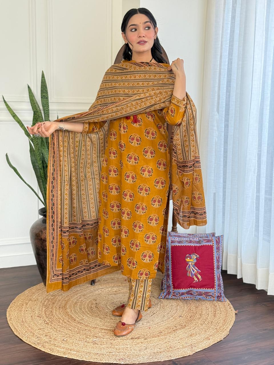 Hasrat Ajrakh Anarkali Suit- Mustard