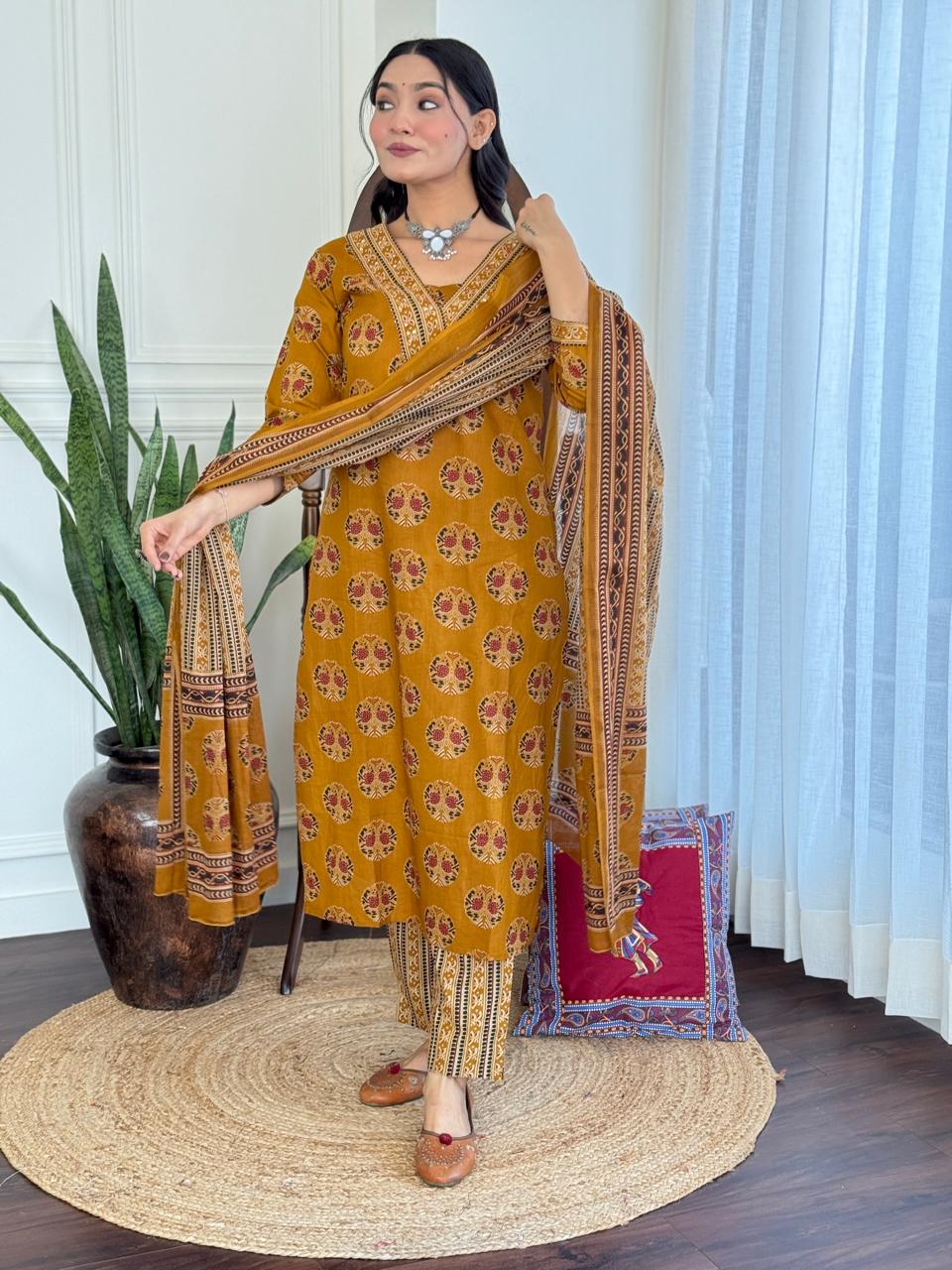Hasrat Ajrakh Anarkali Suit- Mustard