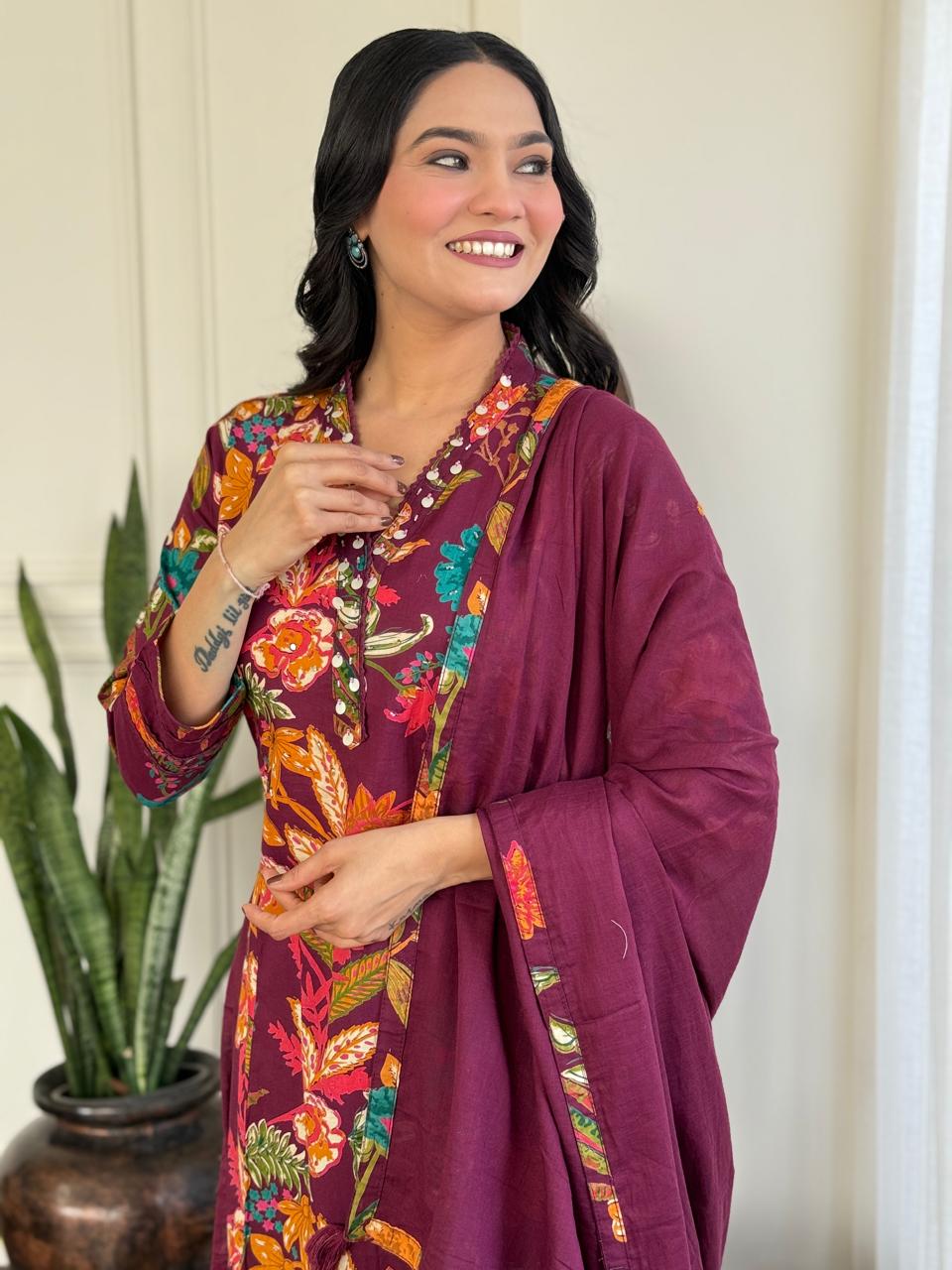 Ramya Floral Printed Cotton Suit-Wine