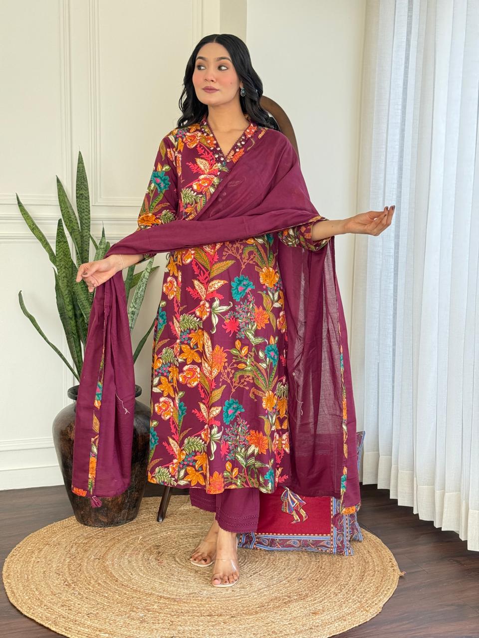 Ramya Floral Printed Cotton Suit-Wine