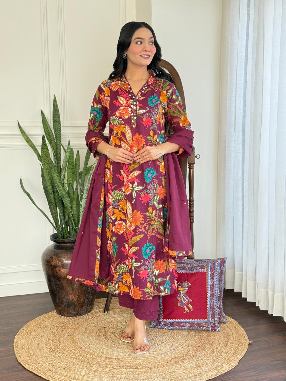 Ramya Floral Printed Cotton Suit-Wine