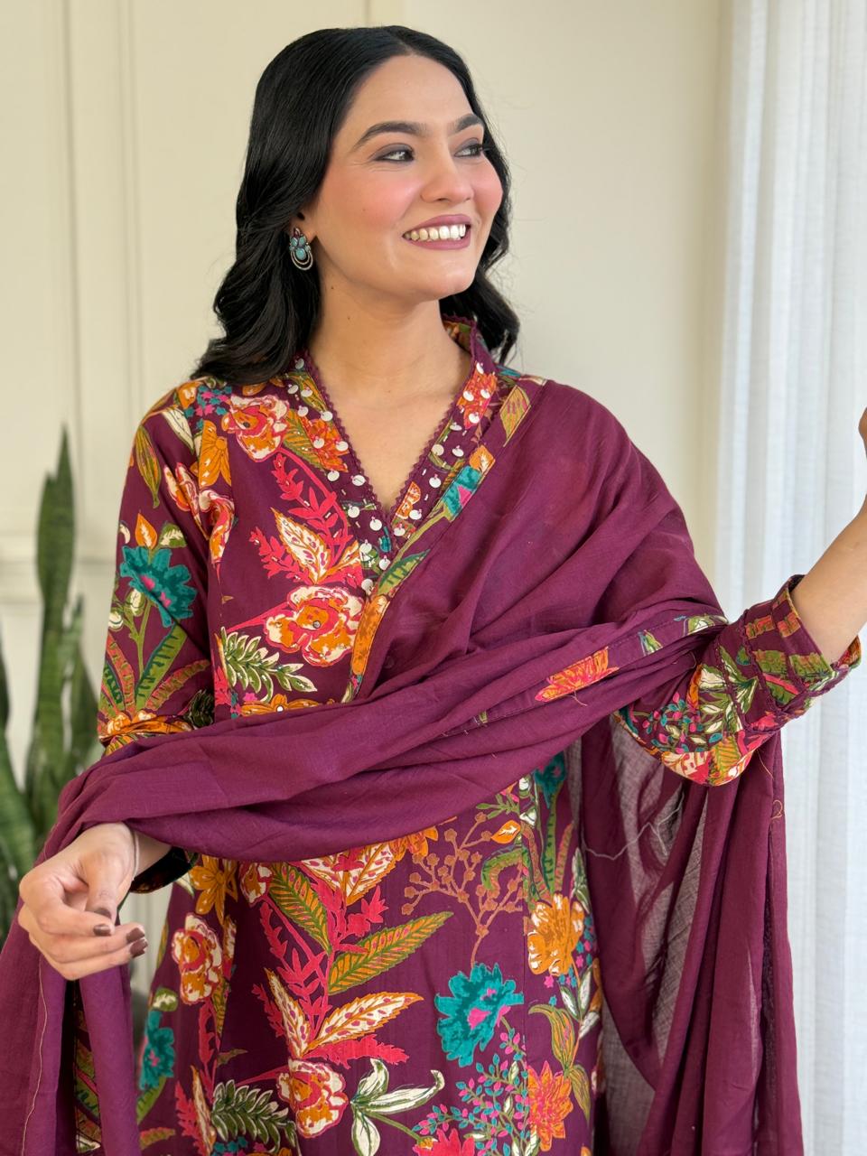 Ramya Floral Printed Cotton Suit-Wine