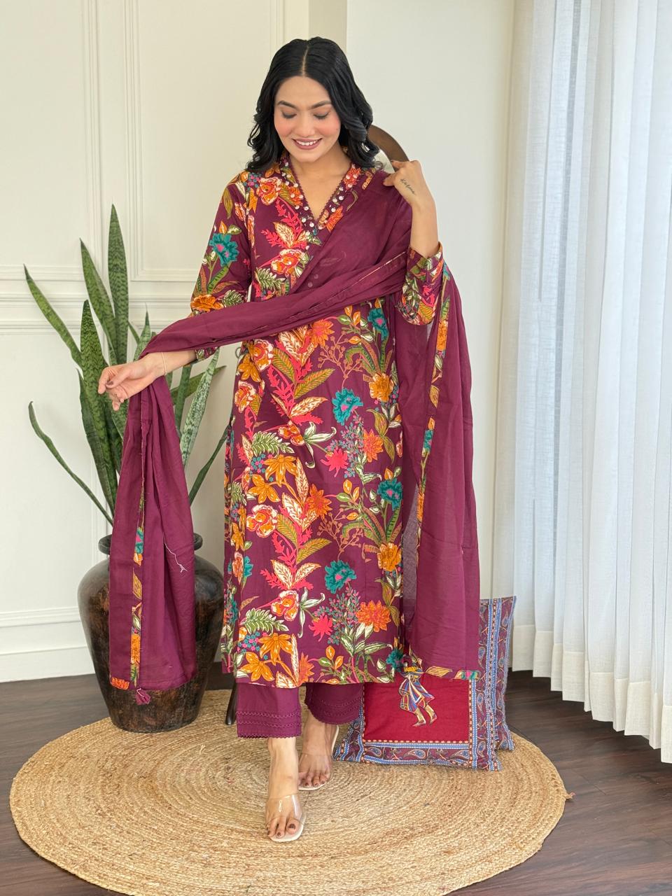 Ramya Floral Printed Cotton Suit-Wine