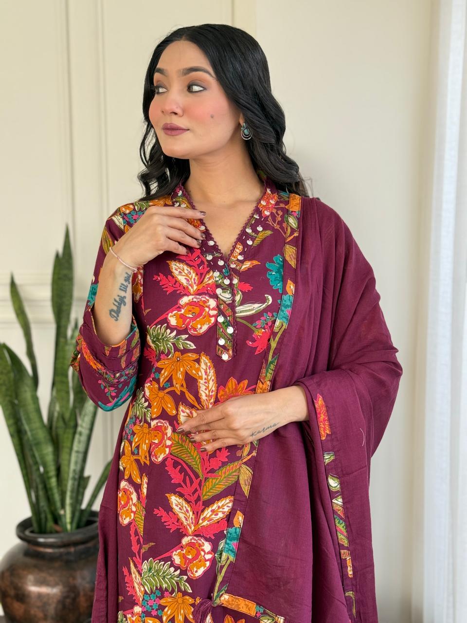Ramya Floral Printed Cotton Suit-Wine
