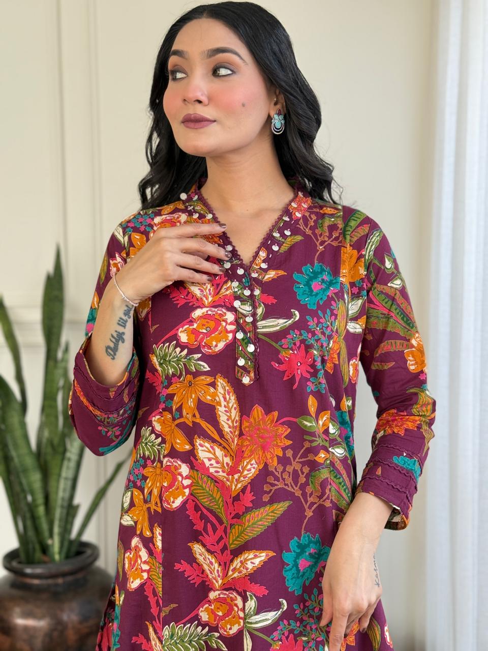 Ramya Floral Printed Cotton Suit-Wine