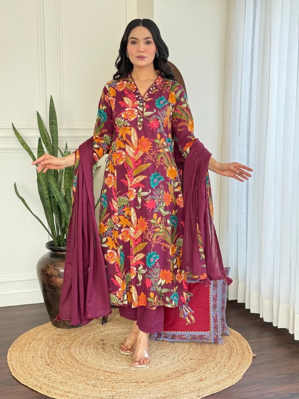 Ramya Floral Printed Cotton Suit-Wine