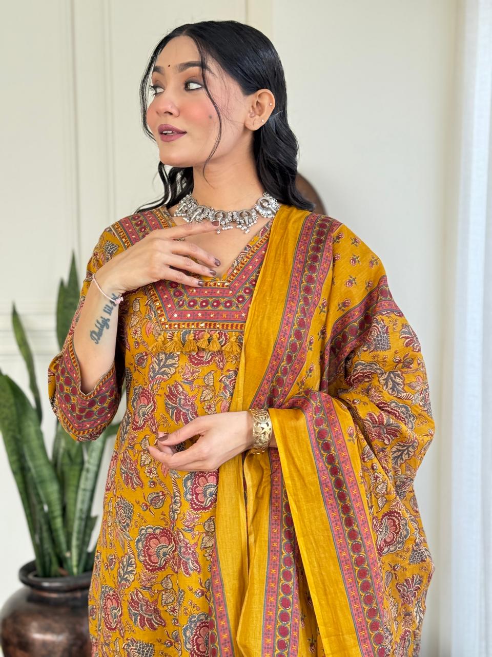 Khwaab Floral Cotton Set- Yellow