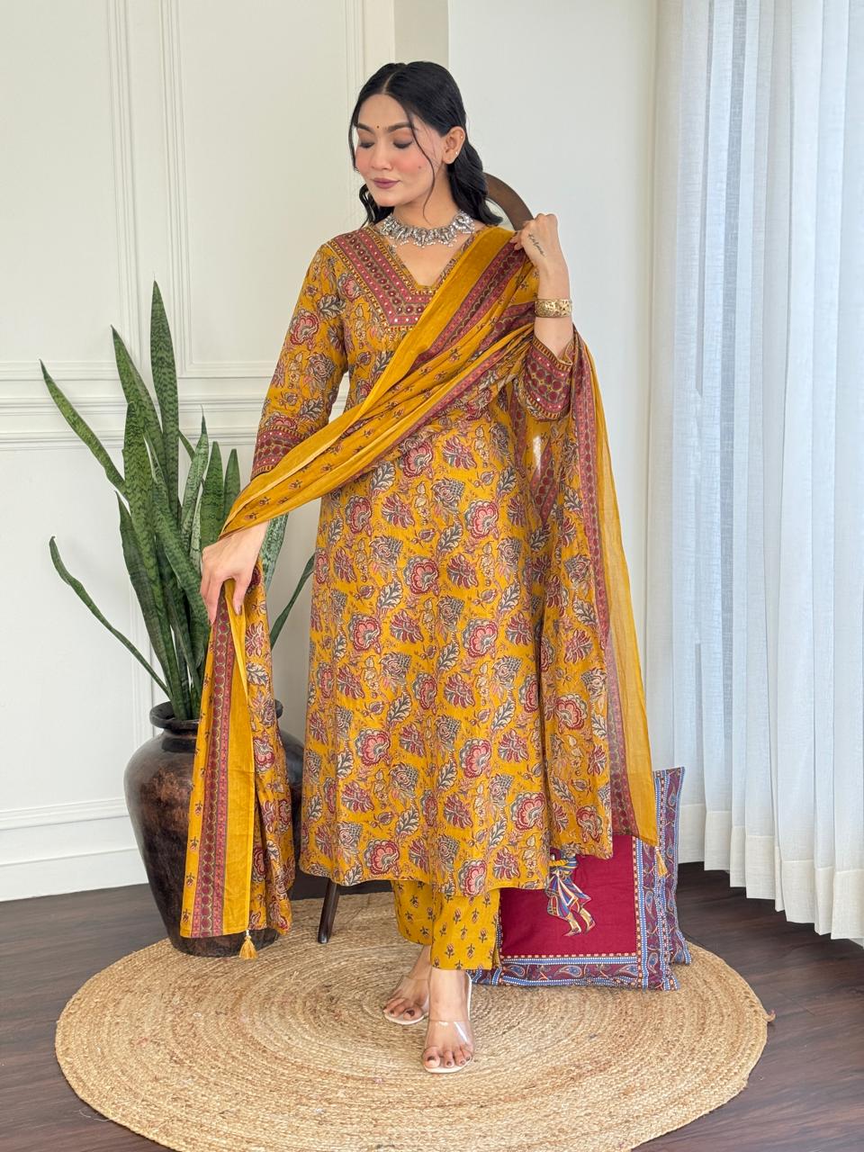 Khwaab Floral Cotton Set- Yellow