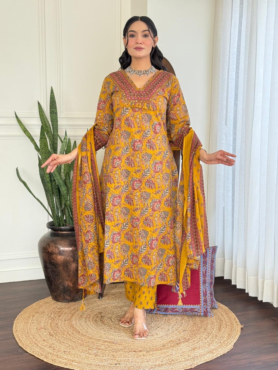 Khwaab Floral Cotton Set- Yellow