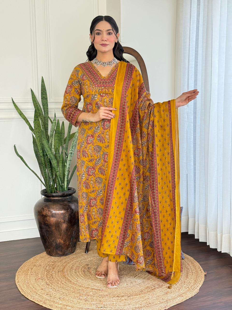 Khwaab Floral Cotton Set- Yellow