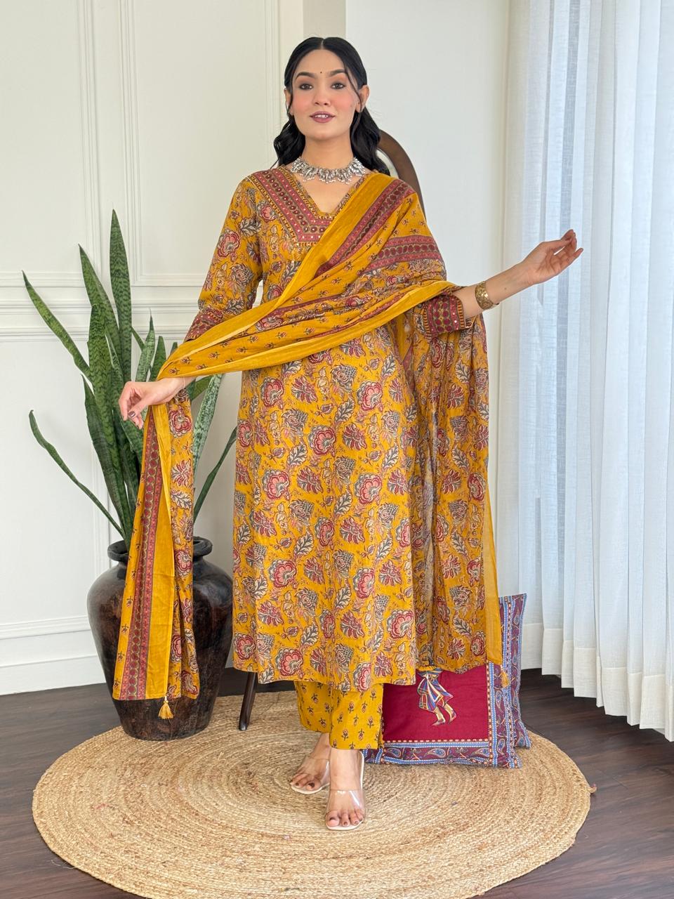 Khwaab Floral Cotton Set- Yellow