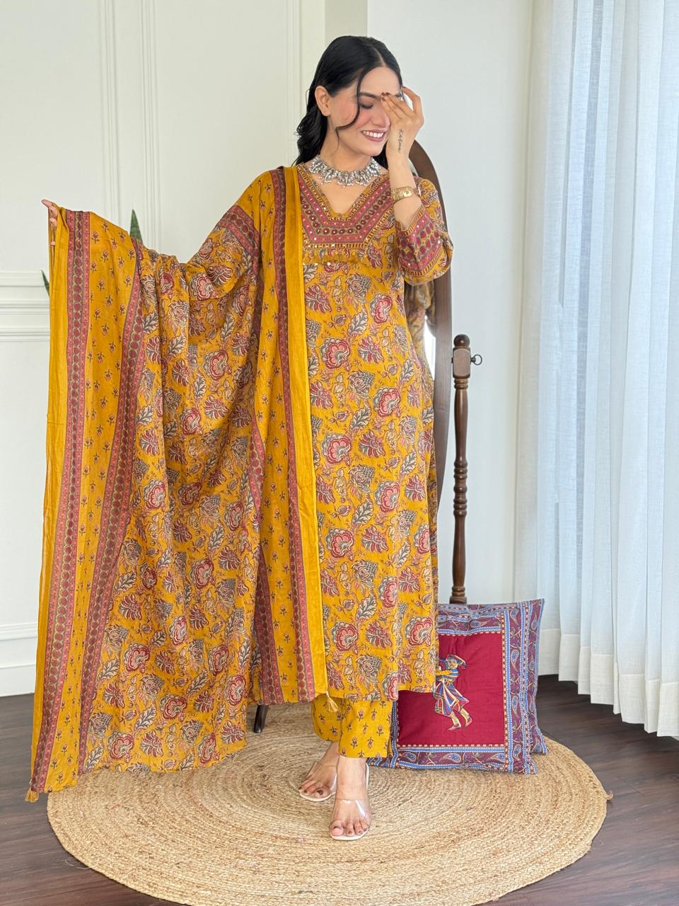 Khwaab Floral Cotton Set- Yellow