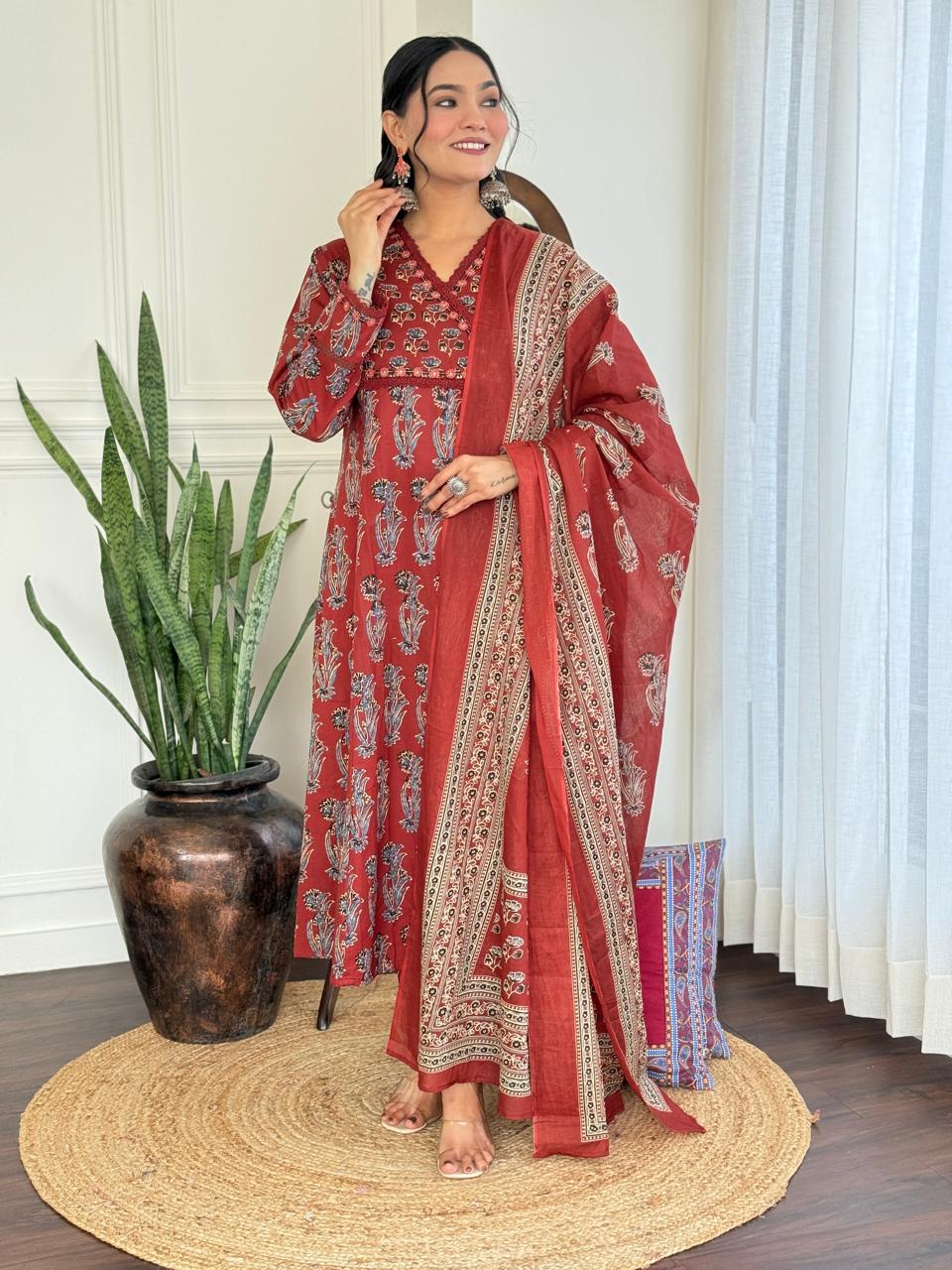 Gunjan A-Line Boota Cotton Set- Maroon