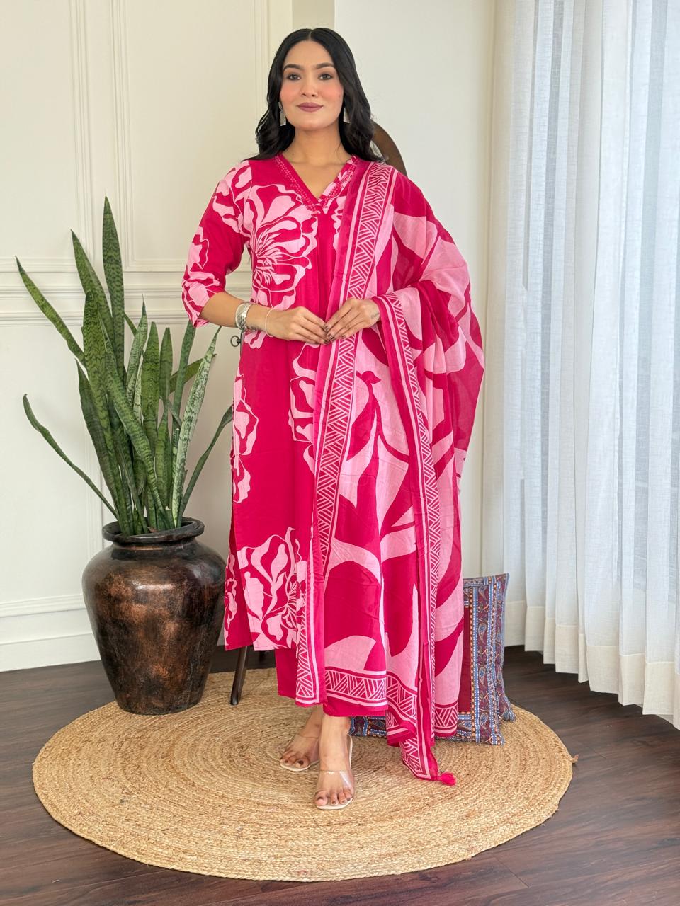 Ruhi Boota Cotton Set- pink