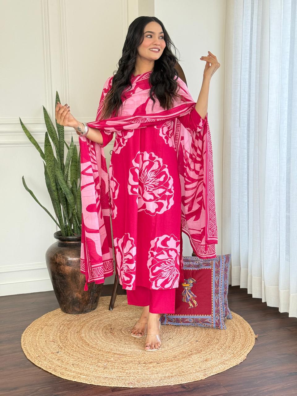Ruhi Boota Cotton Set- pink