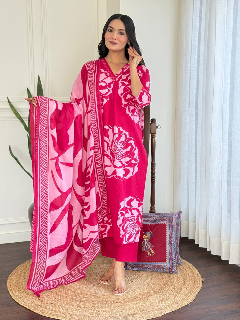 Ruhi Boota Cotton Set- pink