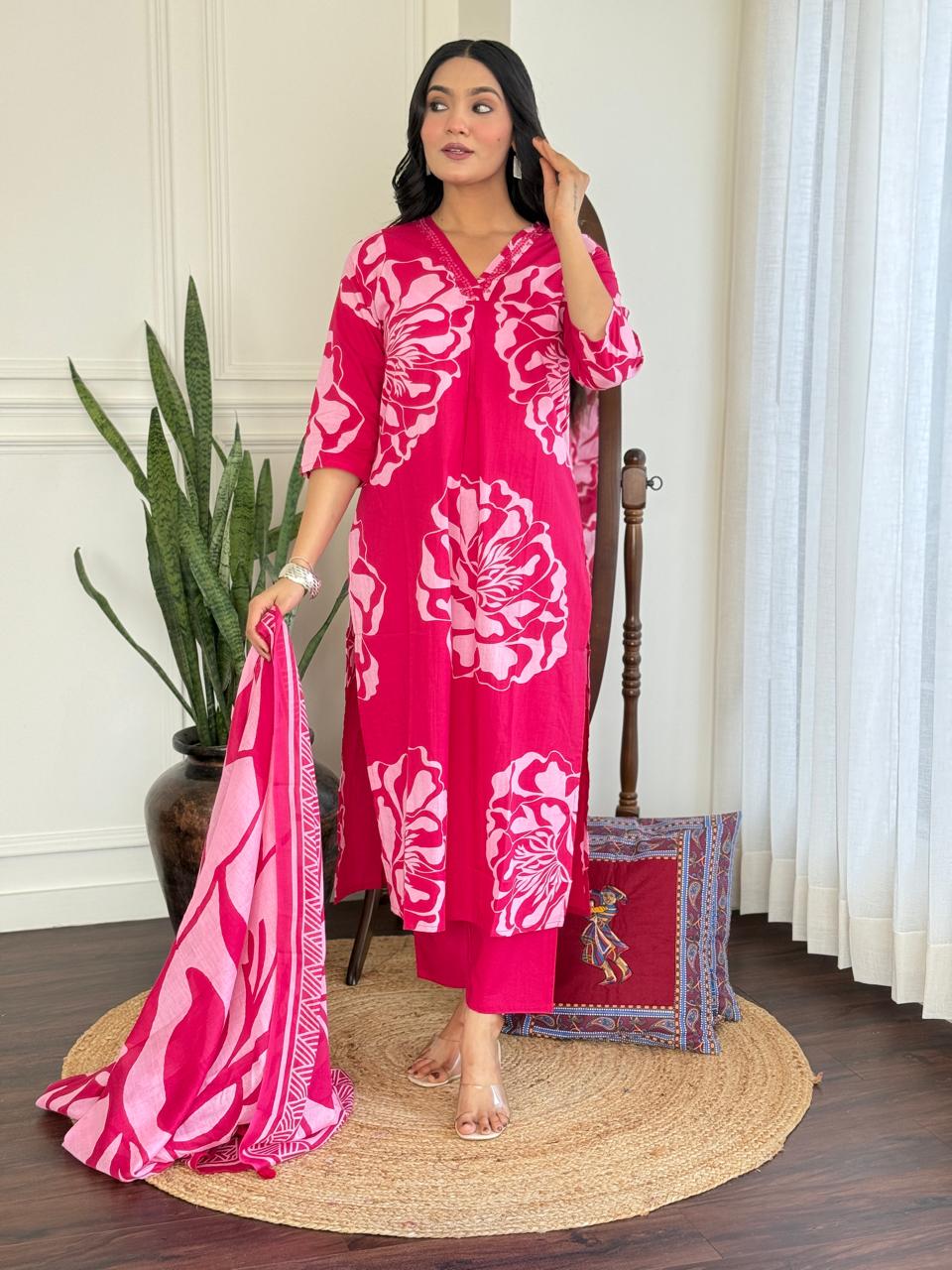 Ruhi Boota Cotton Set- pink