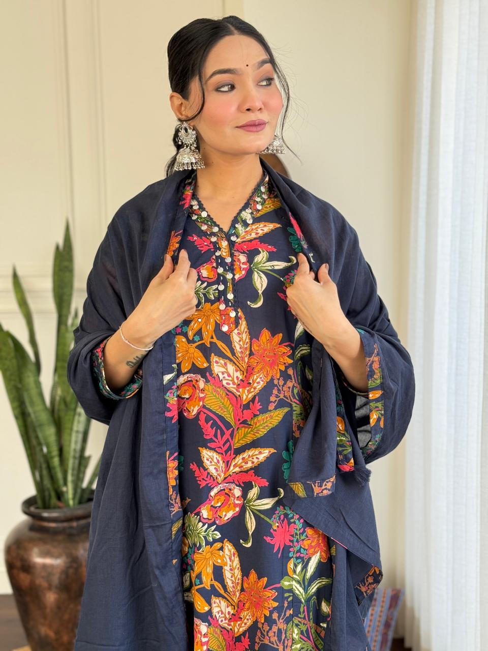 Ramya Floral Printed Cotton Suit-Blue