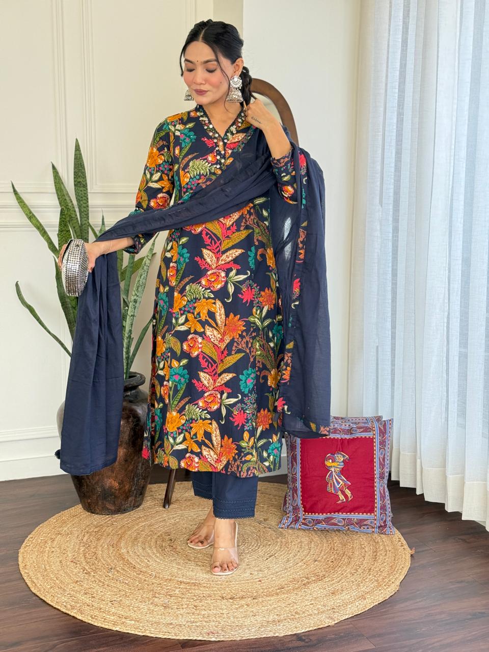 Ramya Floral Printed Cotton Suit-Blue