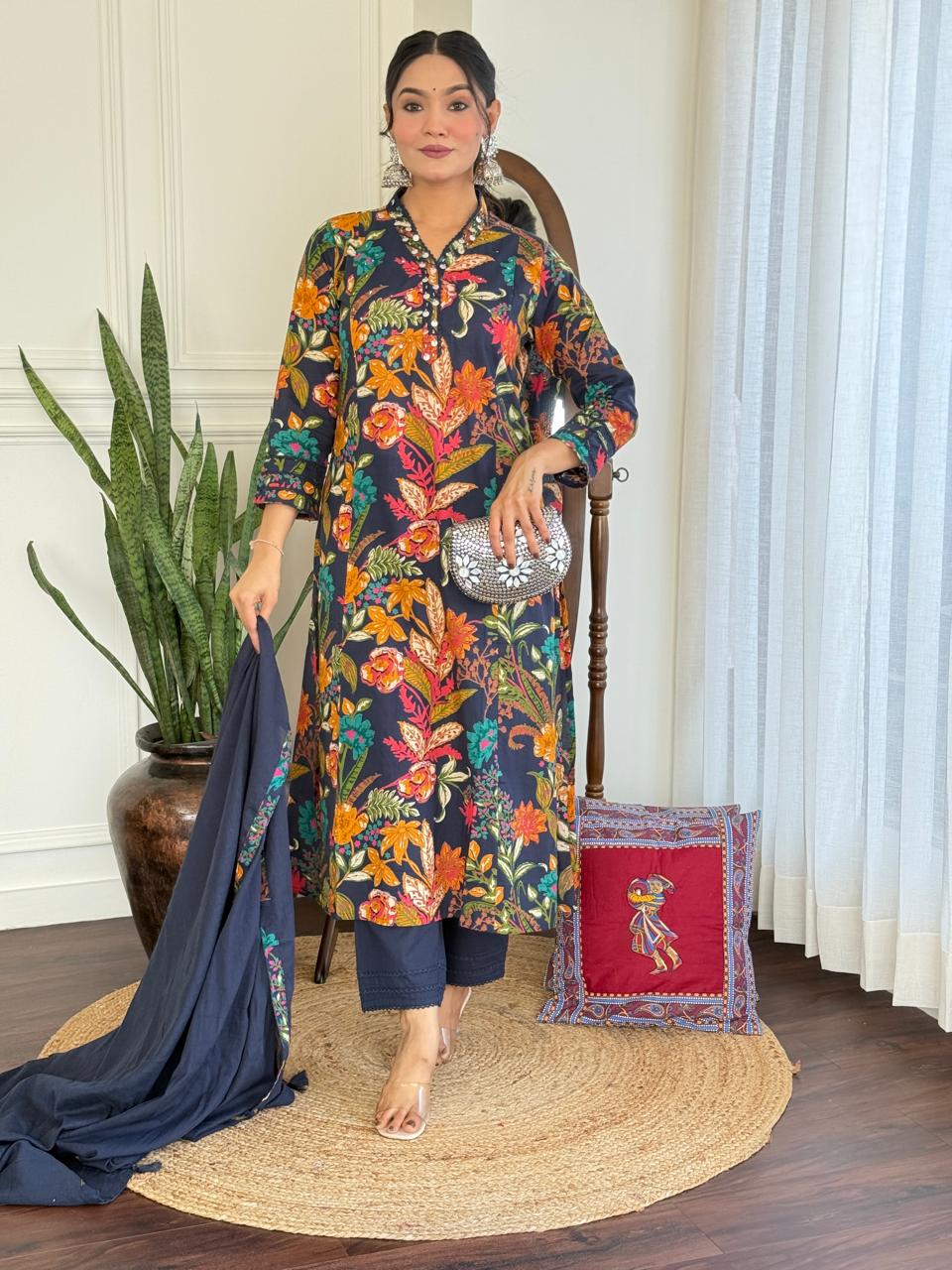 Ramya Floral Printed Cotton Suit-Blue